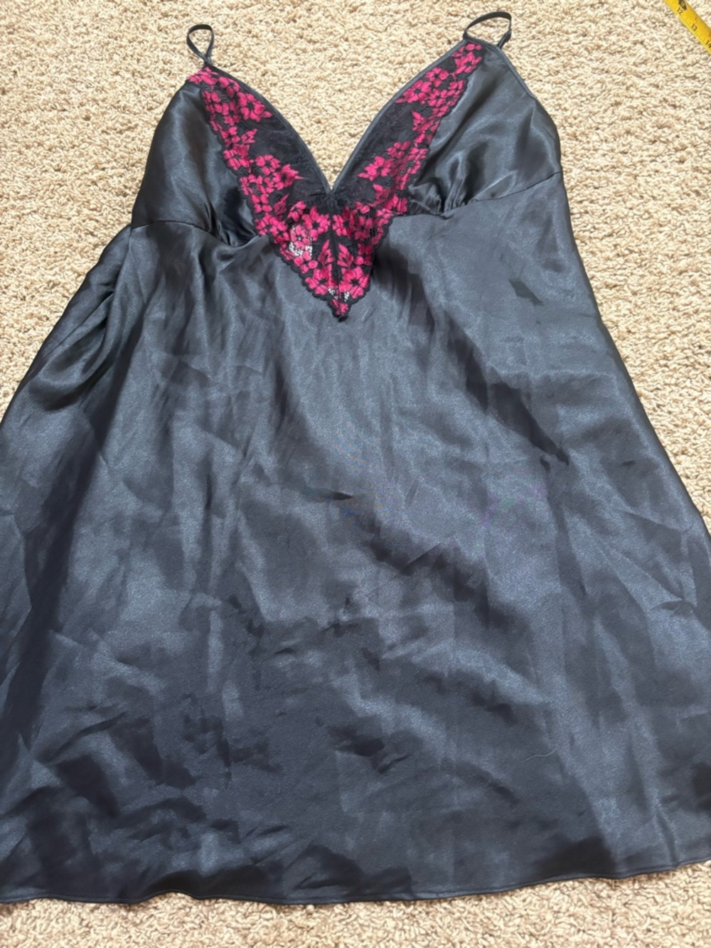 Black Slip Chemise with Pink Floral Lace V-Neck